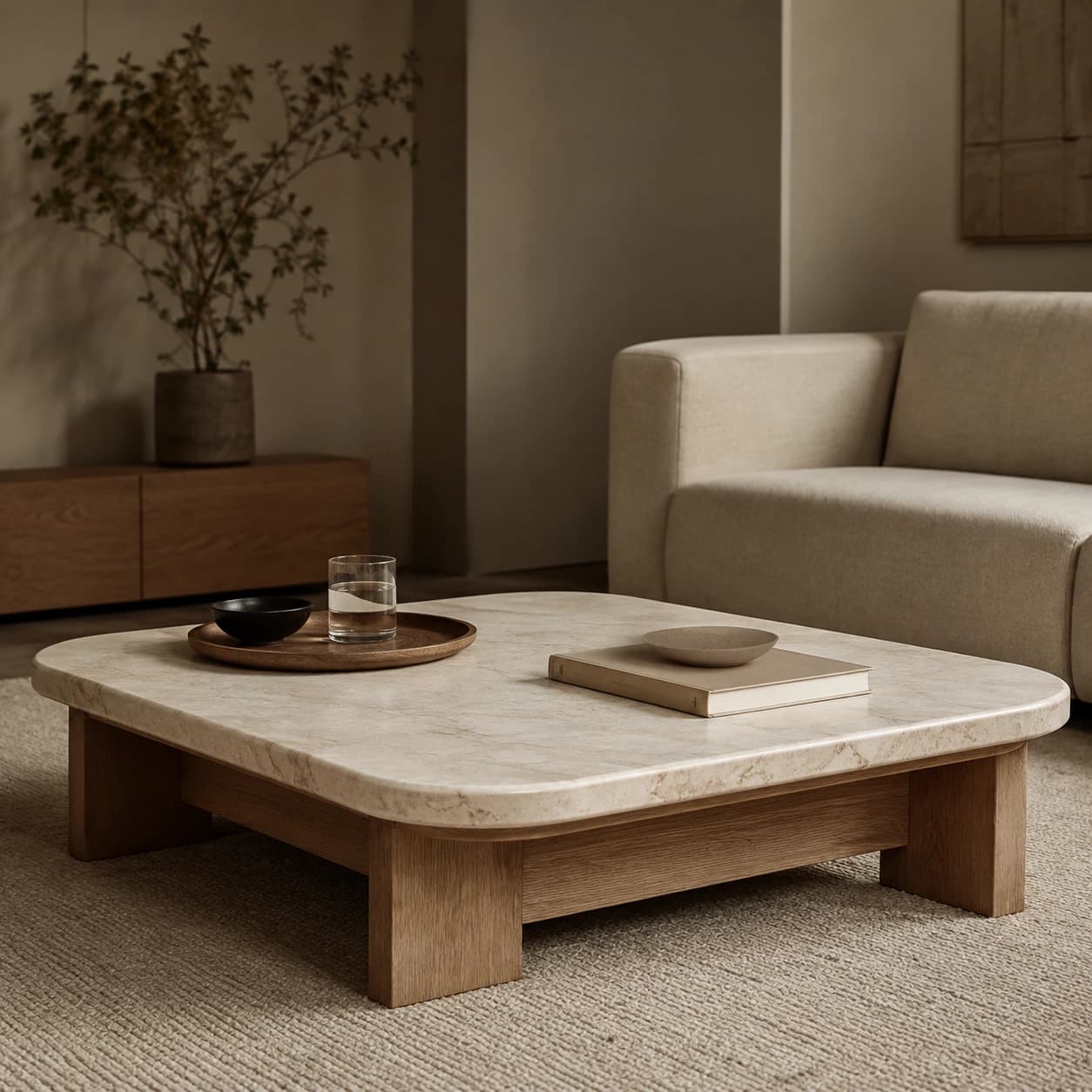 Mesa de Centro Luar em mármore off-white sobre reboco