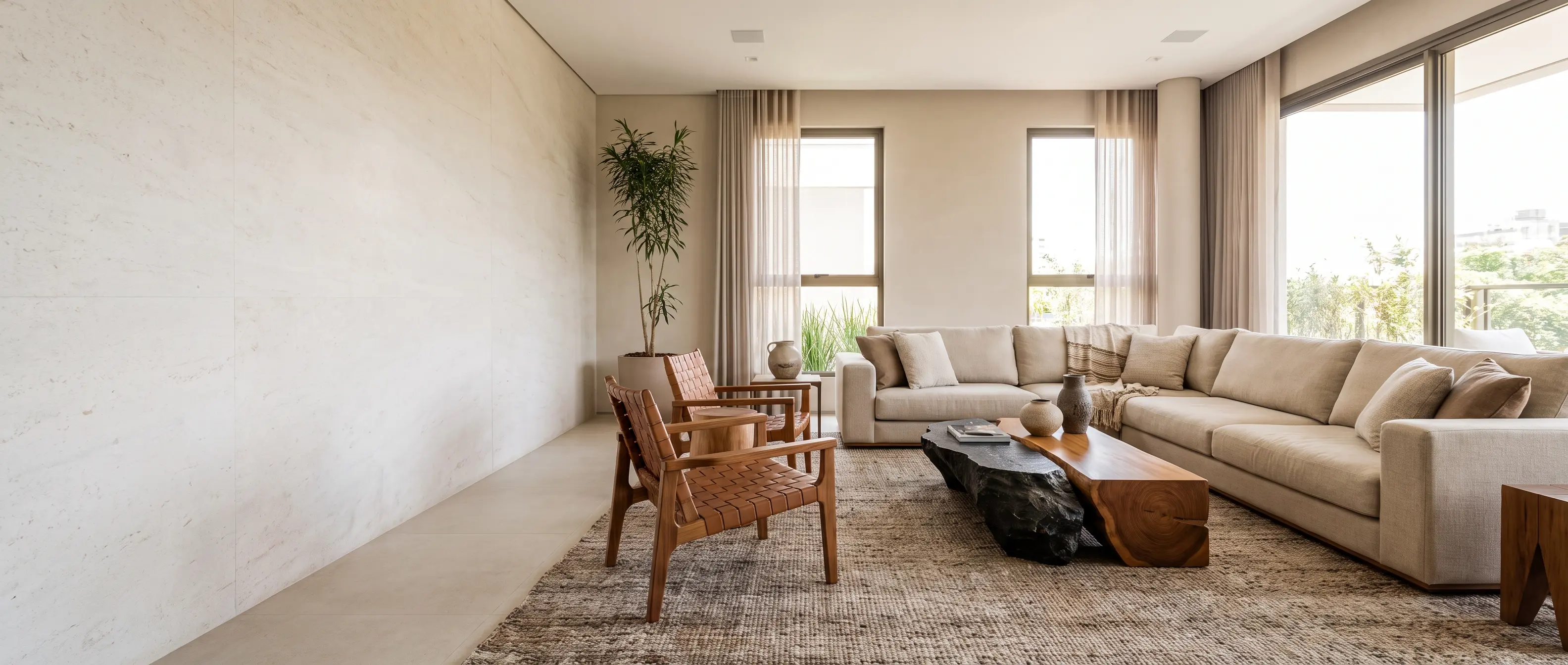 Sala de estar em luz natural, com sofá de linho cru, poltronas de couro trançado e mesa de centro em madeira maciça