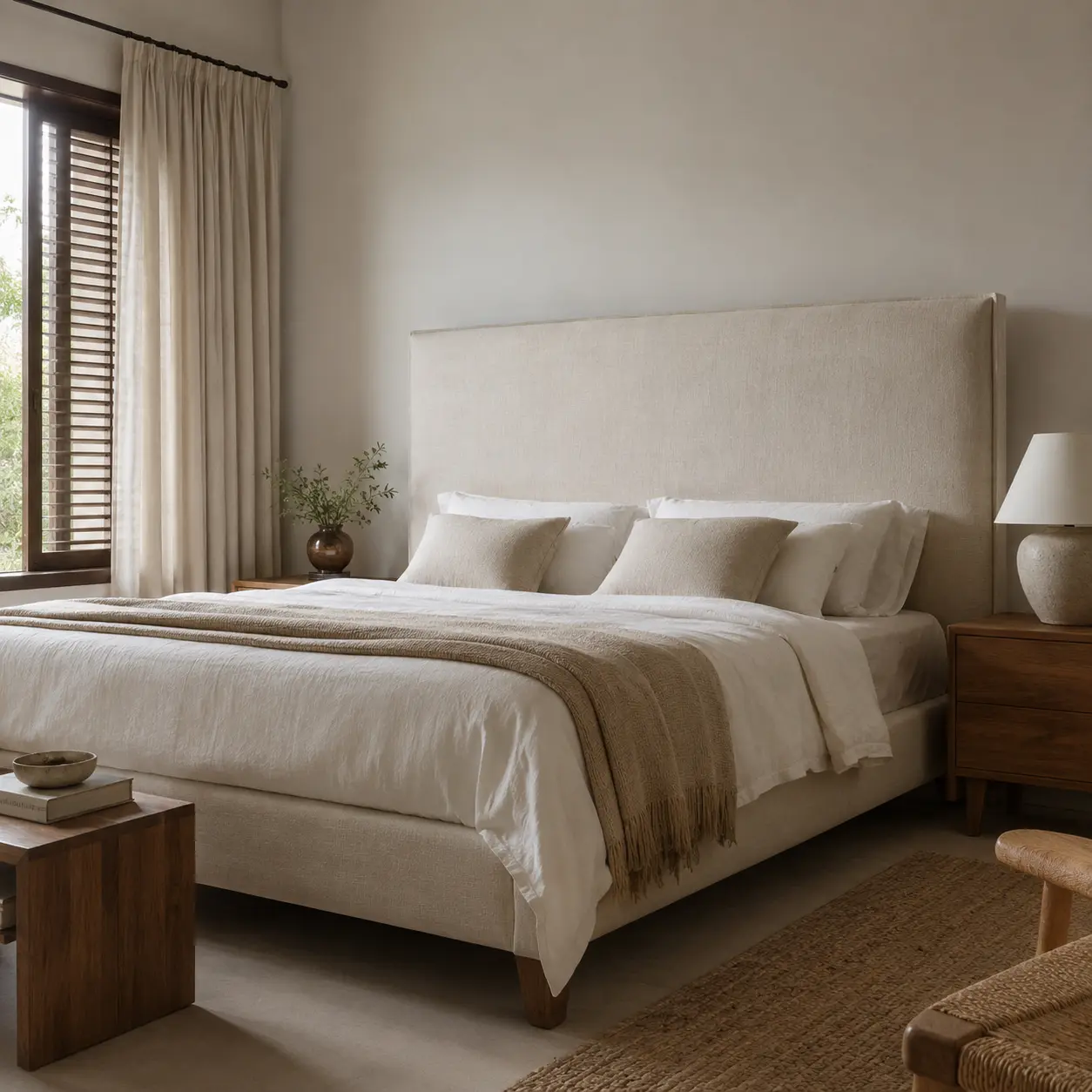 Cama Nuvem em linho cru sobre reboco